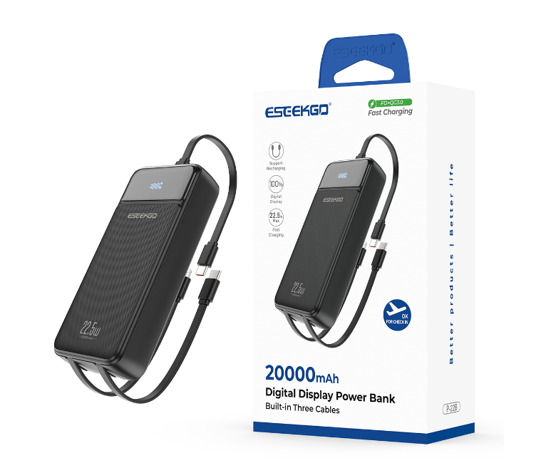 ESEEKGO P-22B PD20W 20000mAh Power Bank With Built-in 3 Cable