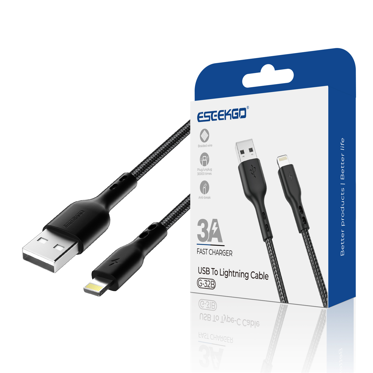 ESEEKGO G-32B 4FT Nylon Braided USB to 8 PIN Data Cable (40/400)
