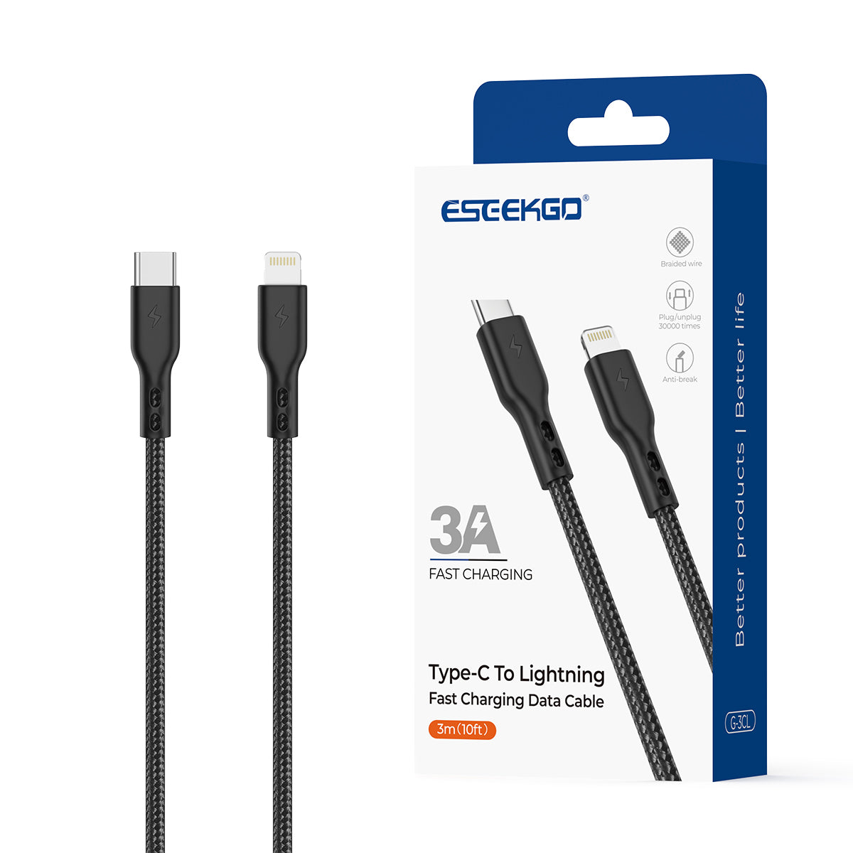 ESEEKGO G-3CL Nylon Braided Type-C To 8 PIN Data Cable (12/120)