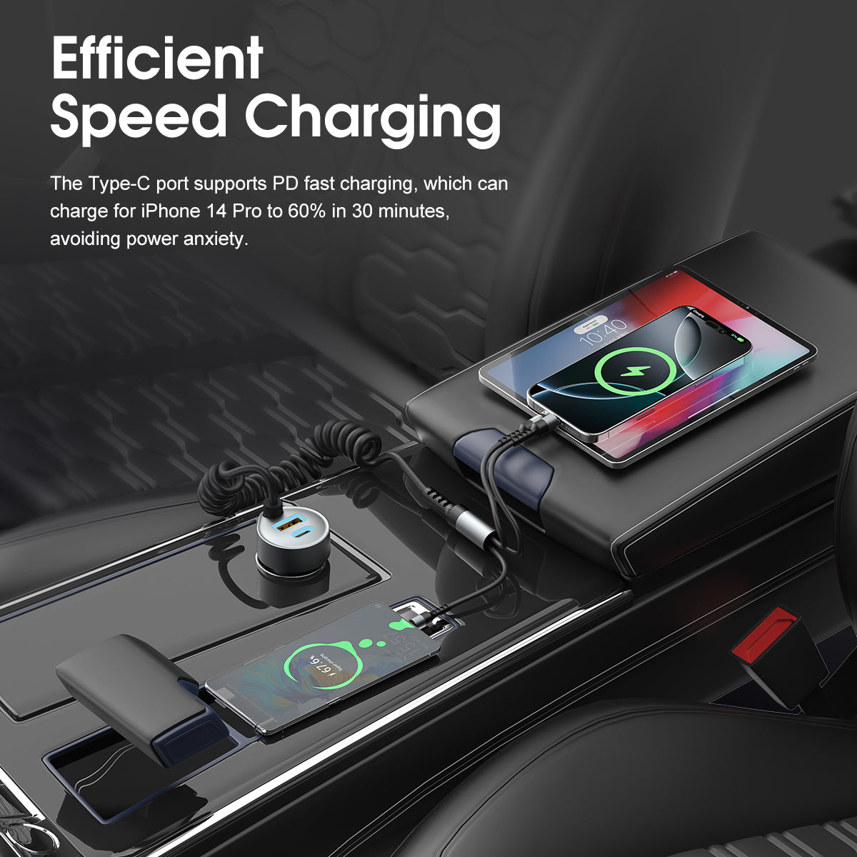 ESEEKGO C-35BK Retractable 60W Car Charger with 3 In 1 Cable (9/90)