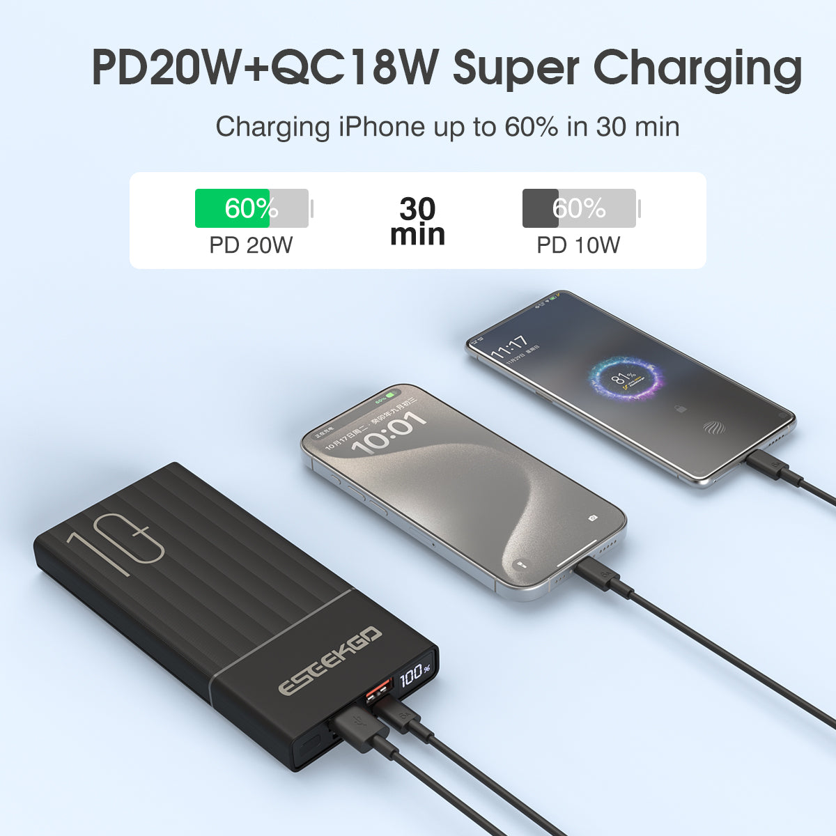 ESEEKGO P-10B 10000mAh Digital Display Power Bank USB-C To C Charging Cable (8/48)