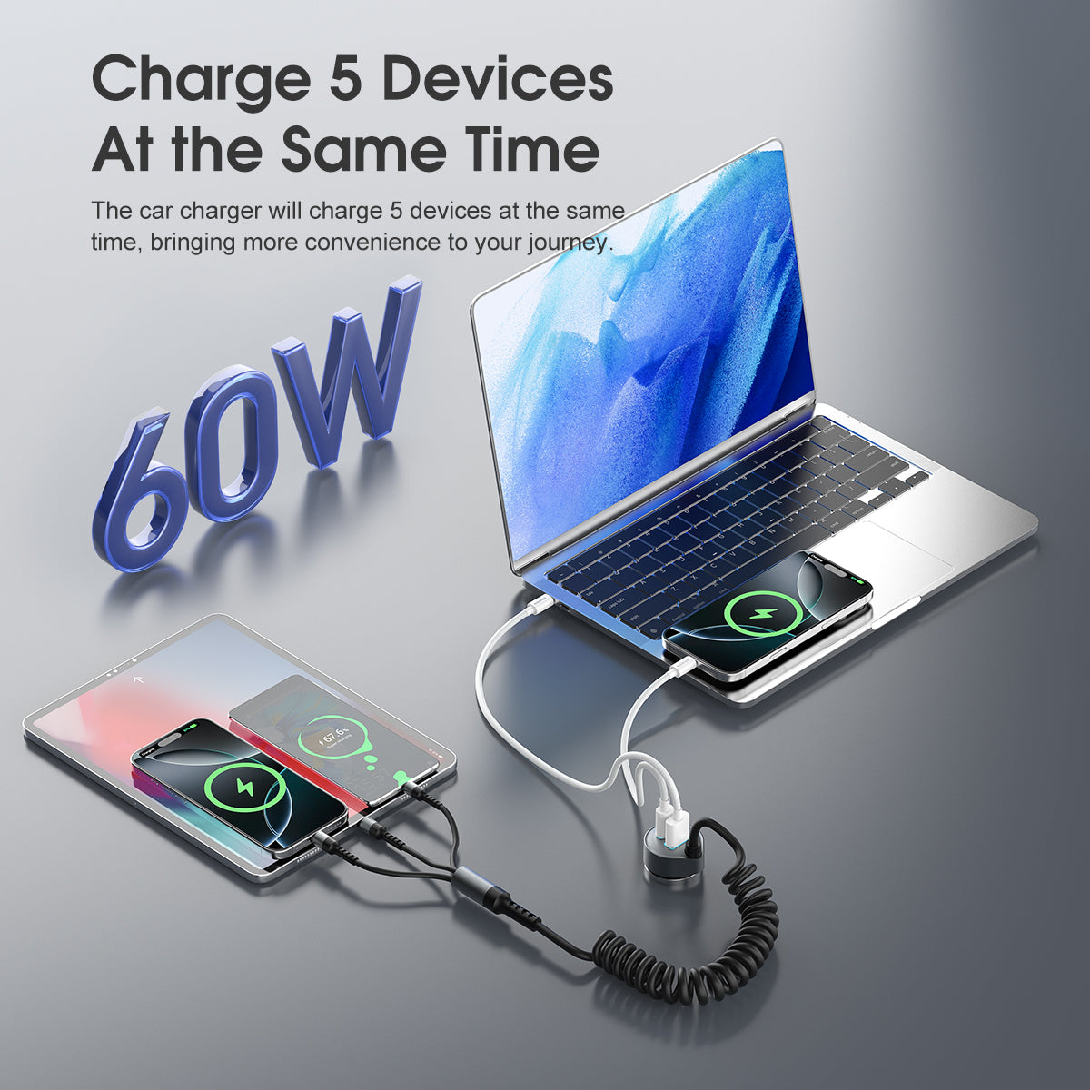 ESEEKGO C-35BK Retractable 60W Car Charger with 3 In 1 Cable (9/90)