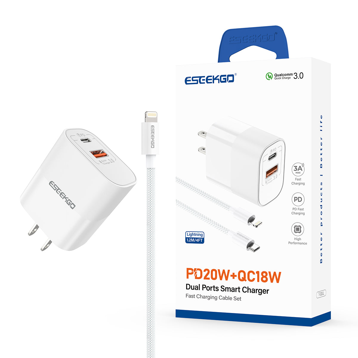 ESEEKGO T-32UL Travel Adapter Type-C To 8 PIN Fast Charging Cable (8/80)