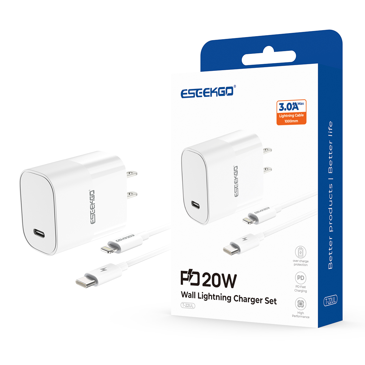 ESEEKGO T-22UL Travel Adapter Type-C To 8 PIN Fast Charging Cable (10/100)