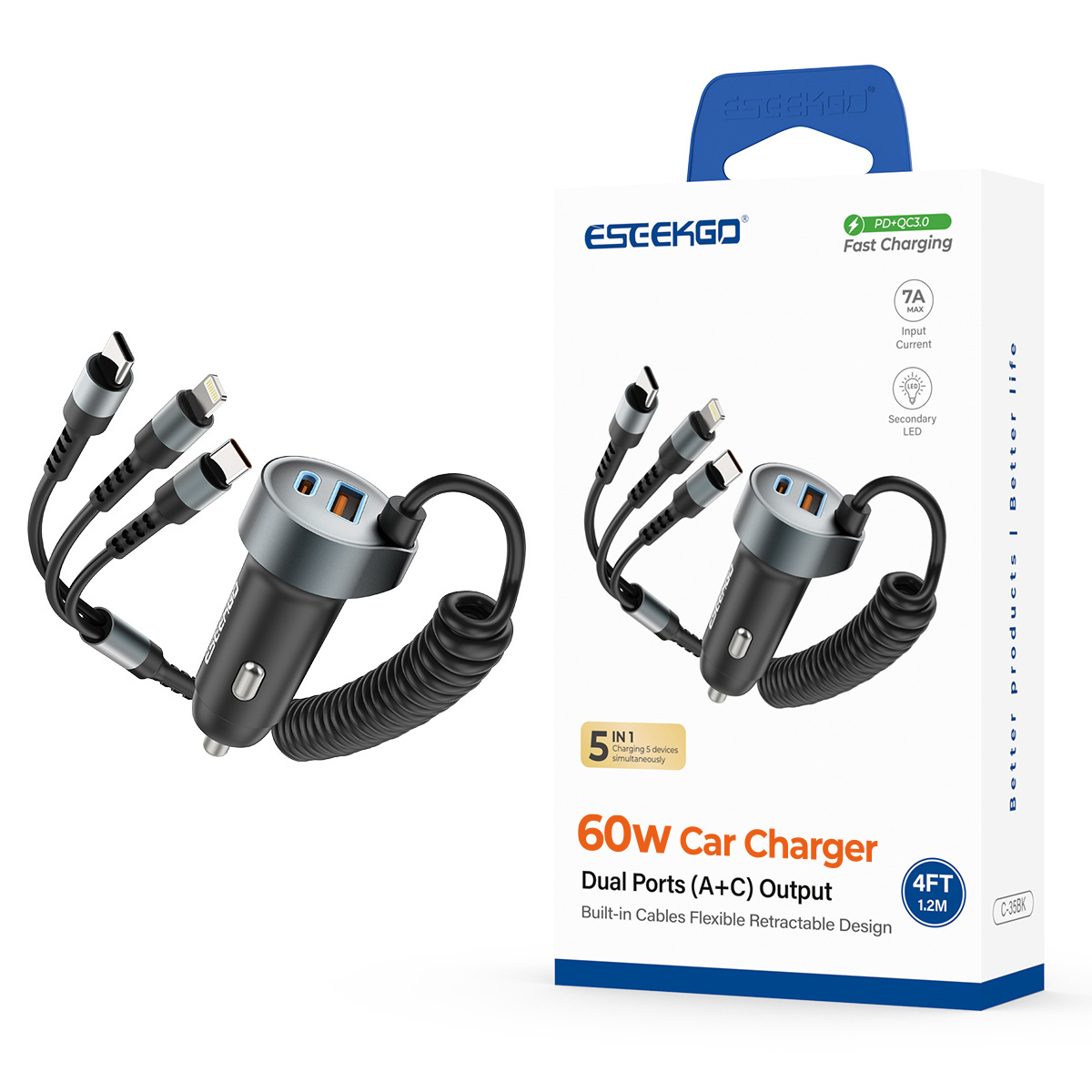 ESEEKGO C-35BK Retractable 60W Car Charger with 3 In 1 Cable (9/90)