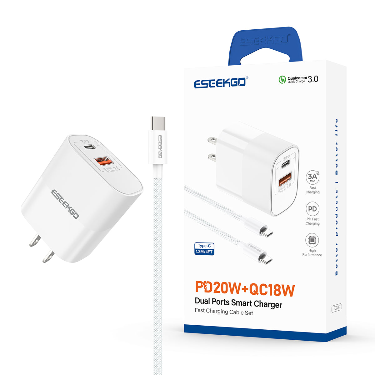 ESEEKGO T-32UC Travel Adapter Type-C To Type-C Fast Charging Cable (8/80)