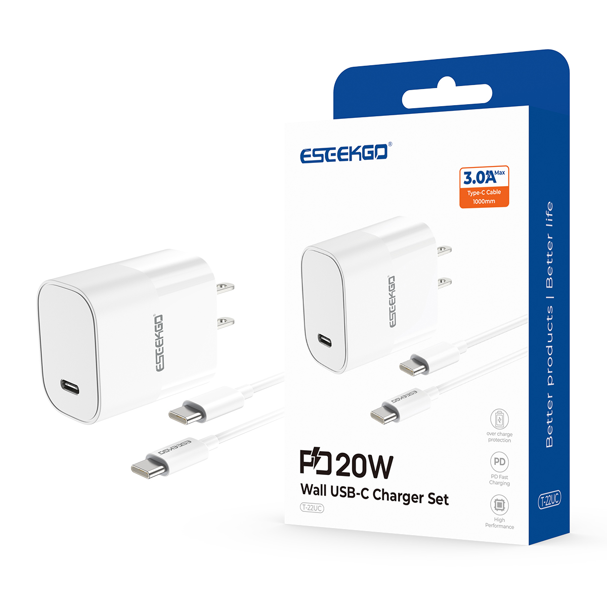 ESEEKGO T-22UC Travel Adapter Type-C To Type-C Fast Charging Cable (10/100)