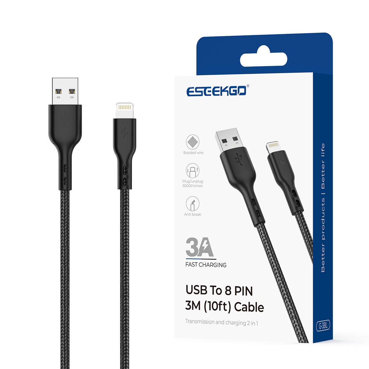 ESEEKGO G-3BL Nylon Braided USB to 8 PIN Data Cable (11/110)