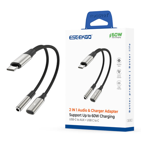 ESEEKGO ES-15C 2 In 1 60W Type-C to Type-C+3.5mm Audio Adapter