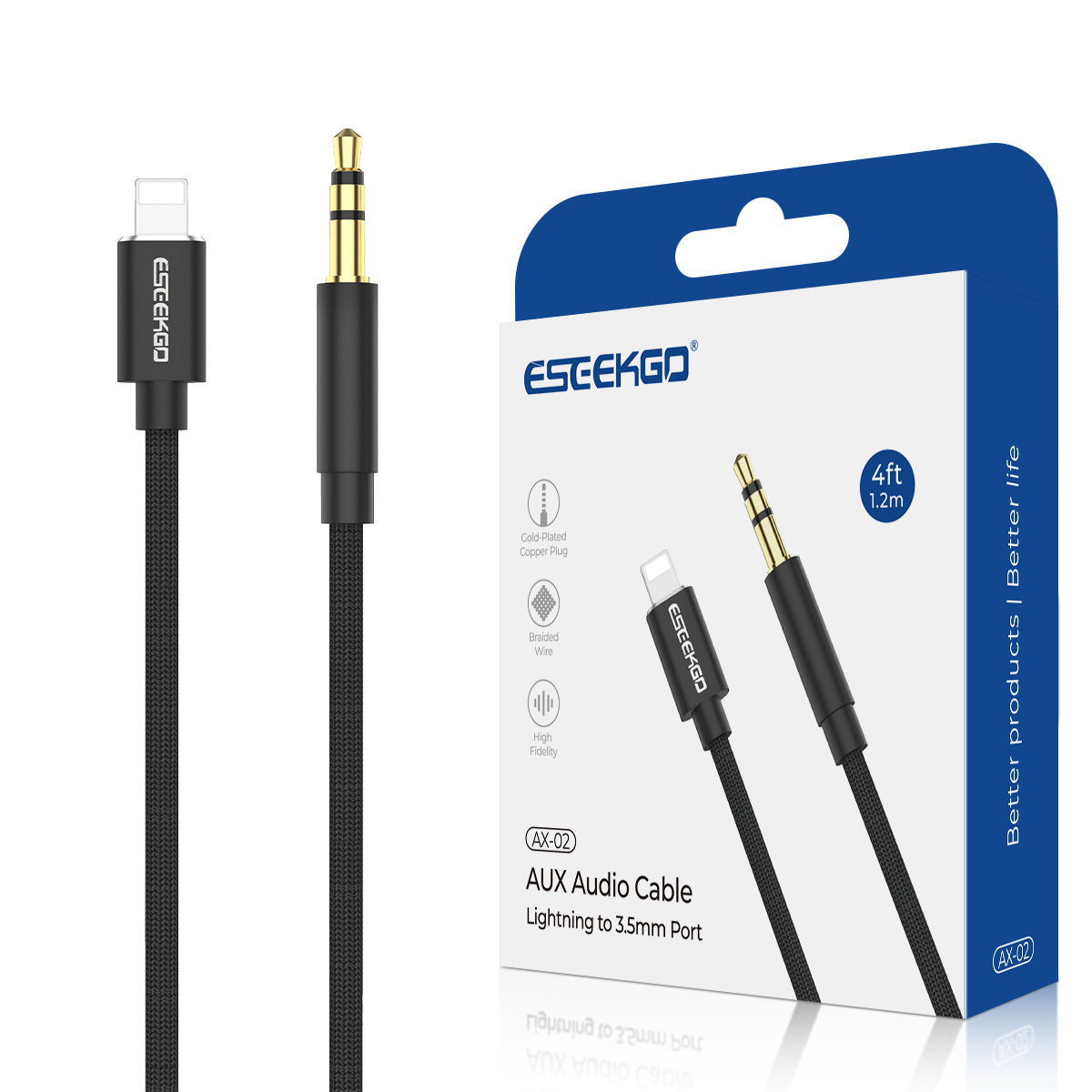 ESEEKGO AX-02 4FT Nylon Braided 8 PIN To 3.5mm Audio Cable (40/400)