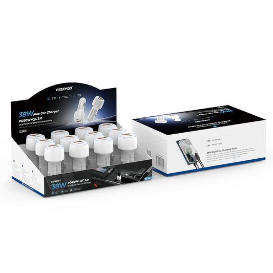 ESEEKGO C-10BW USB+Type-C 38W Dual Ports Car charger Set 12pcs/White(12/144)