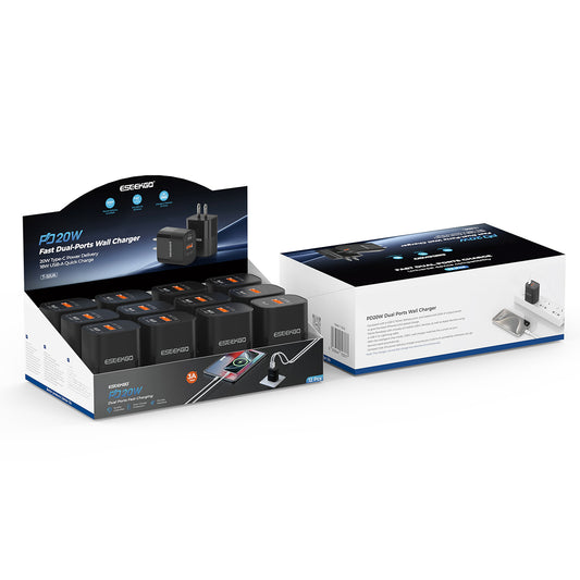 ESEEKGO T-32UA 20W USB-A+USB-C Travel Adapter Set 12pcs/Black(12/144)